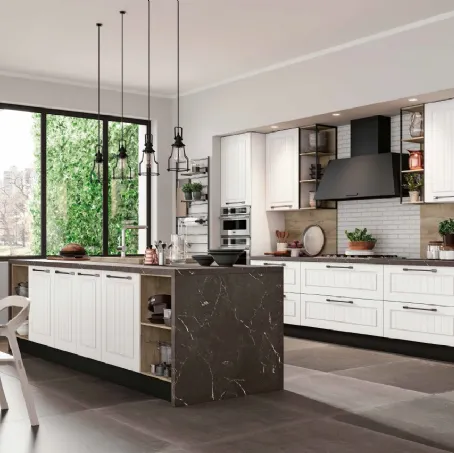 Cucina Moderna con isola in laccato opaco Bianco e Quercia con top in HPL effetto marmo Elba DM0627 di Imab