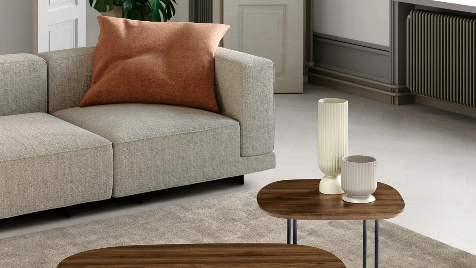 Tavolino Flux con piano sagomato in MDF e gambe in metallo verniciato di Ikone Casa