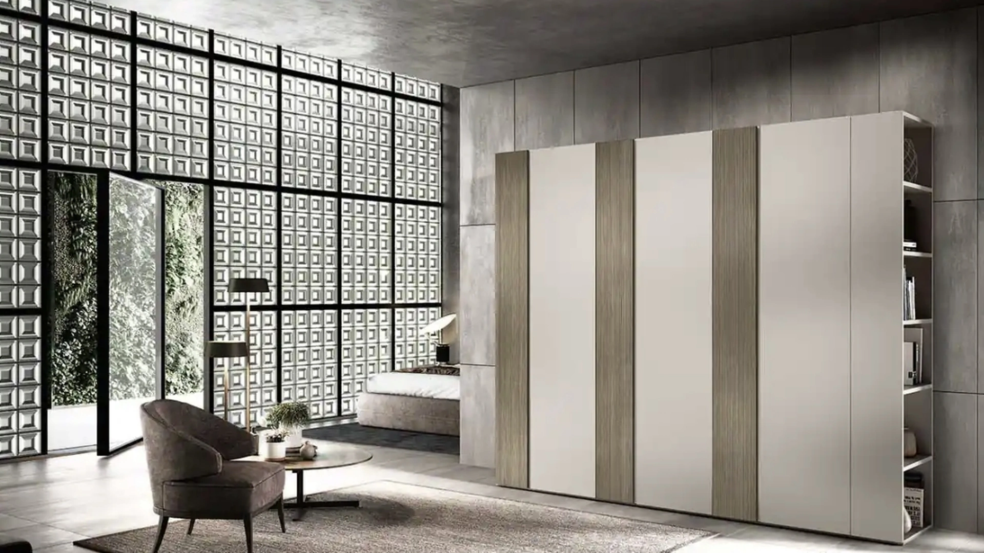 Armadio con ante battenti Bora B365 laccato opaco perla con inserti in nobilitato di Moretti Compact Giorno Notte