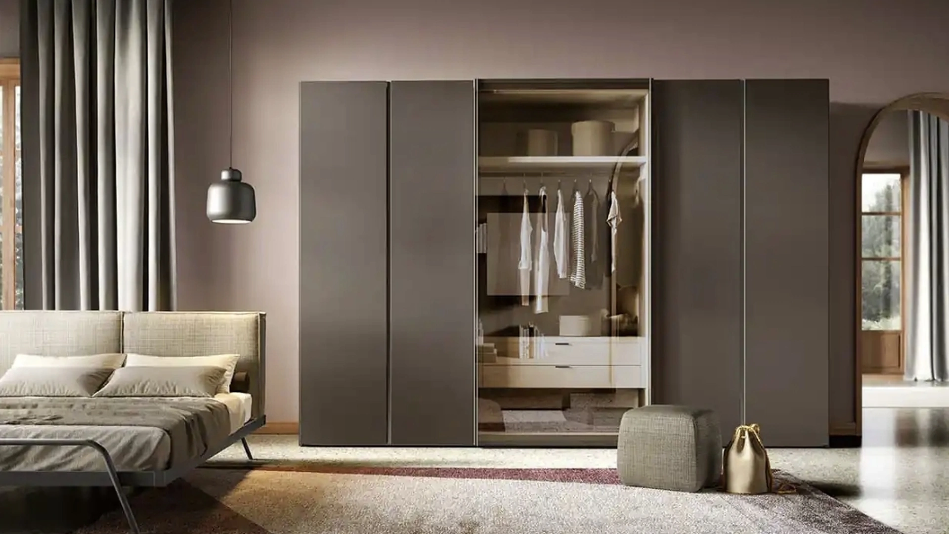 Armadio con ante battenti e anta scorrevole Bora e Foehn C259 in laccato e vetro di Moretti Compact Giorno Notte