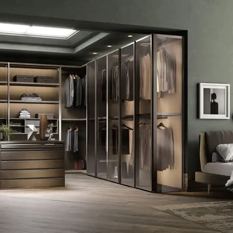 Cabina armadio Antares A122 in nobilitato rovere con ante in vetro di Moretti Compact Giorno Notte