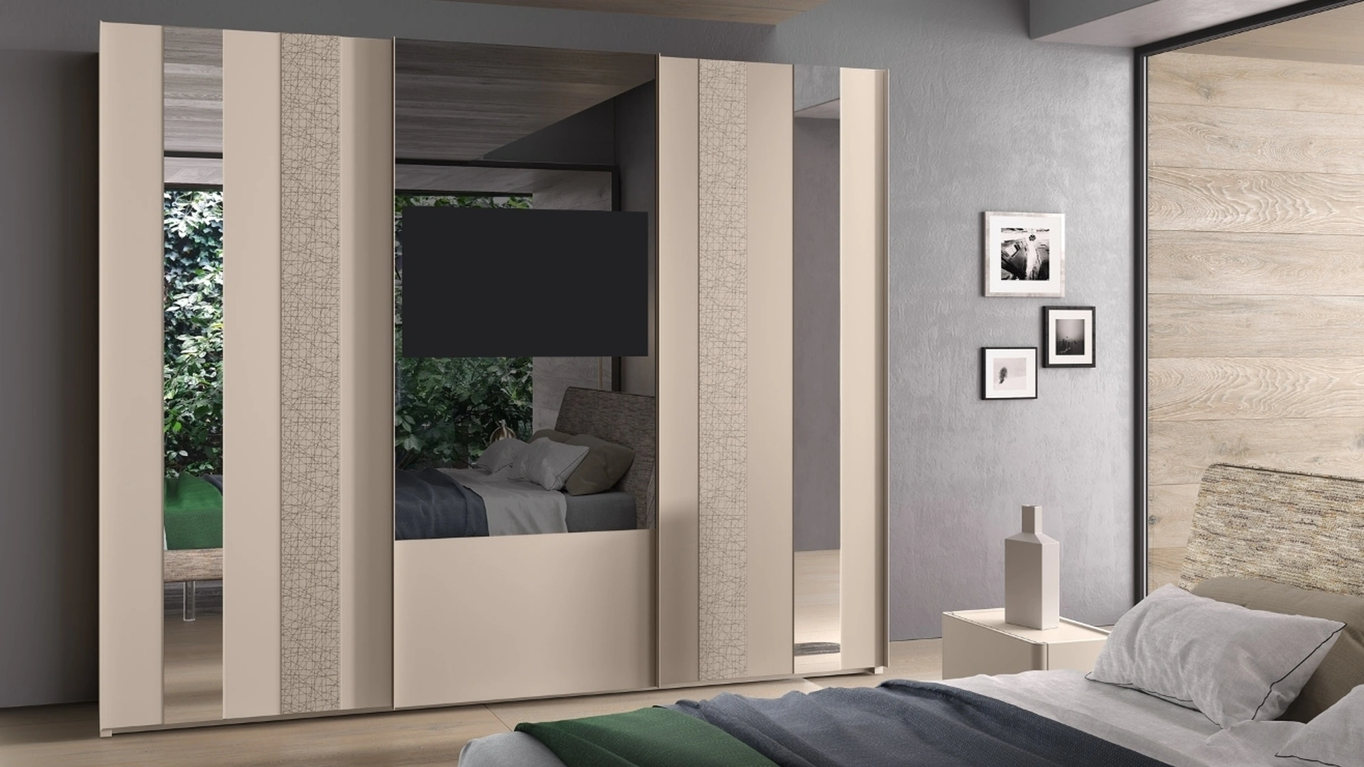 Armadio 12 con ante scorrevoli in laccato opaco, materico decor e specchio con TV di Corso 11