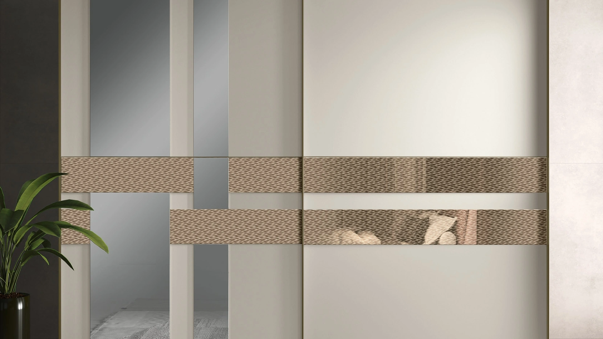 Armadio 14B con ante scorrevoli in laccato opaco con inserti a specchio e specchio decorato di Corso 11