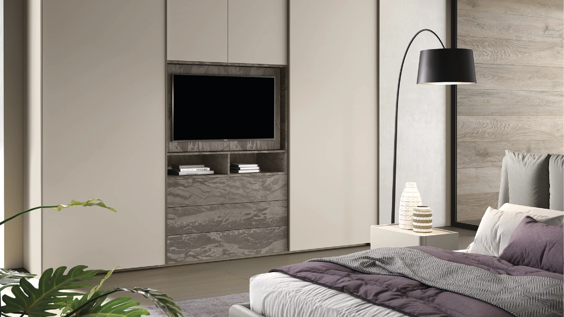 Armadio 33 con ante scorrevoli in laccato opaco e materico decor con pannello porta TV di Corso 11