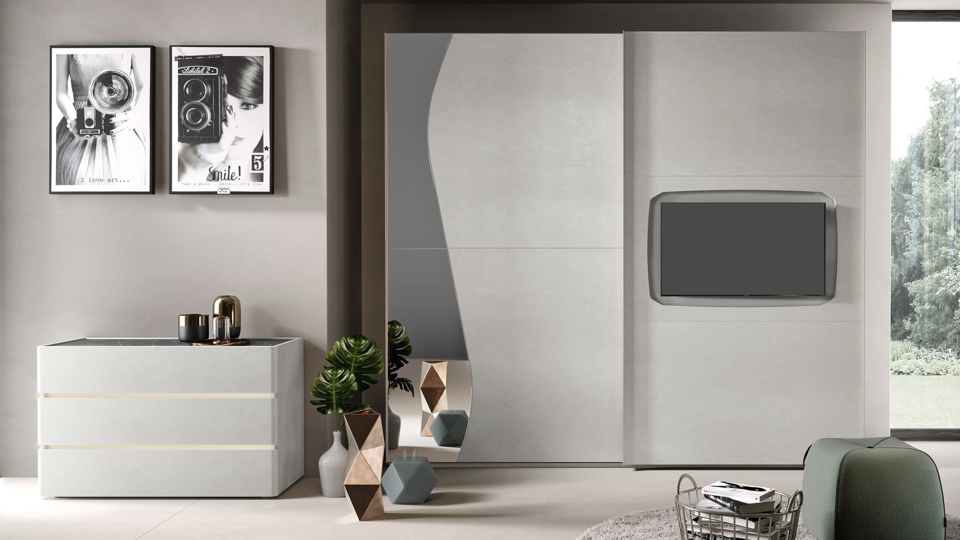 Armadio 43 con ante scorrevoli in melaminico con inserto a specchio e vano porta TV di Corso 11