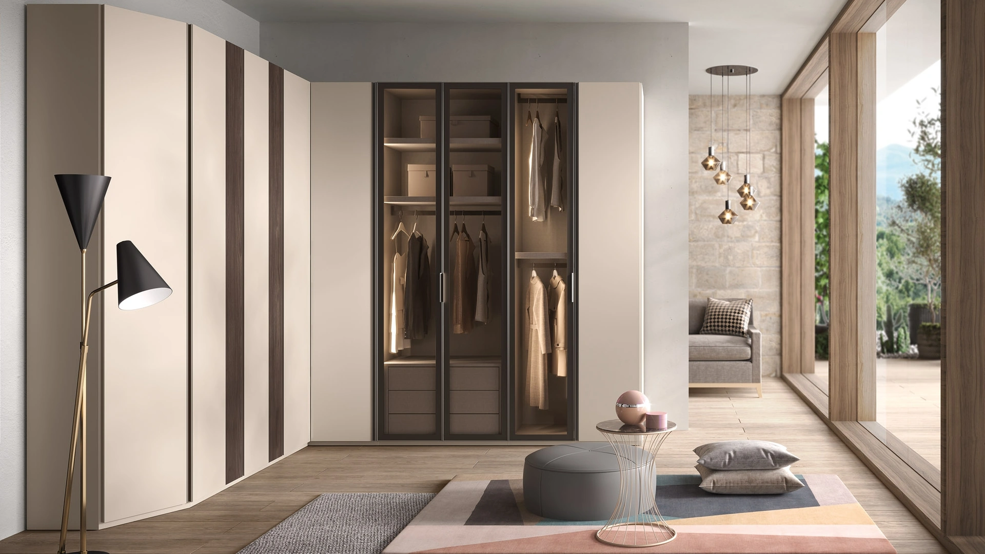 Armadio 60 ad angolo in laccato e vetro con inserti in materico con ante battenti di Corso 11