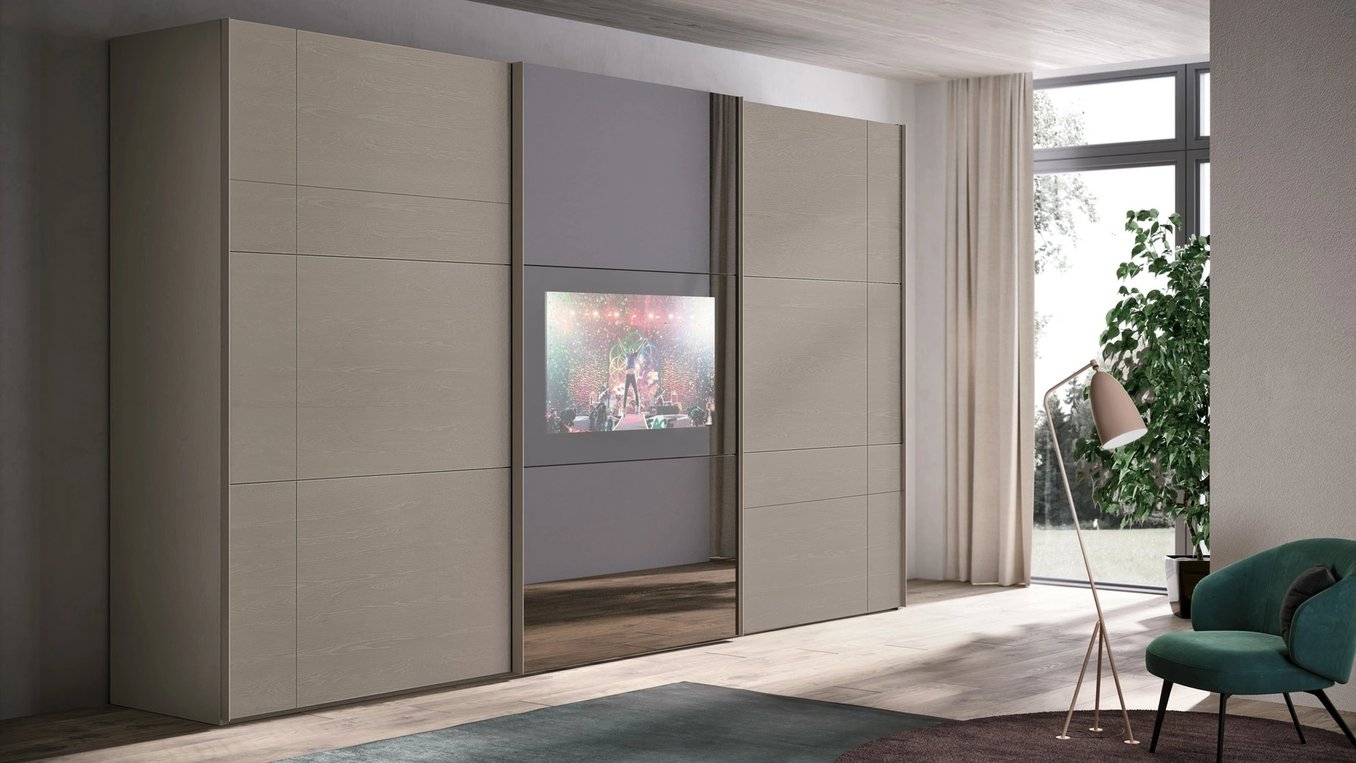 Armadio Graffiti con ante scorrevoli in melaminico e laccato con sistema Reflex TV di Corso 11