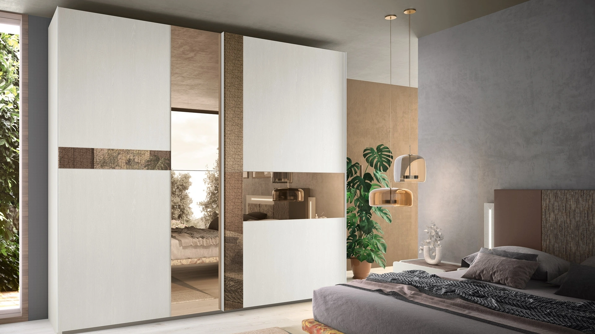 Armadio 16B con ante scorrevoli in melaminico effetto legno e inserti a specchio bronzato con e senza decoro di Corso 11