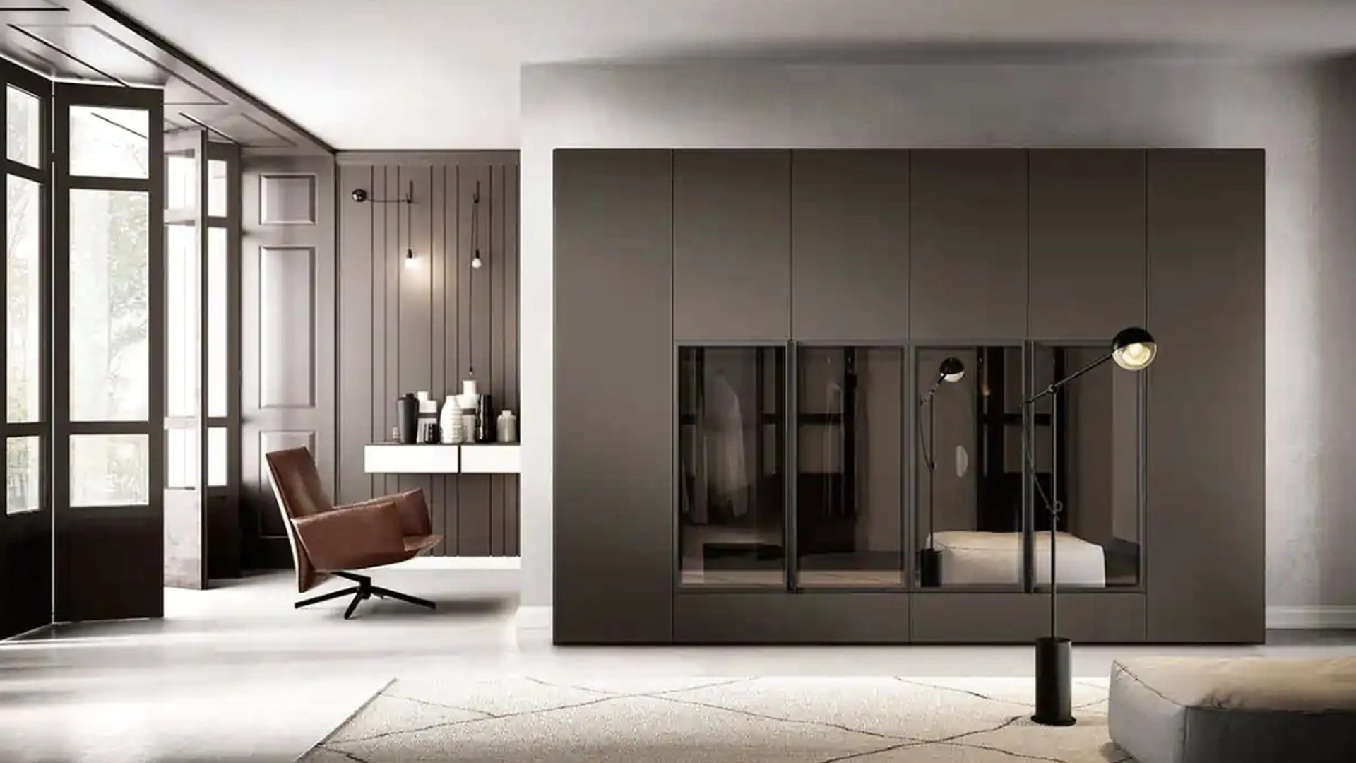 Armadio con ante battenti Libeccio e Fohen B372 in laccato e vetro di Moretti Compact Giorno Notte