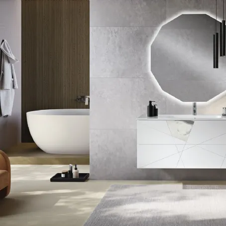 Mobile da Bagno sospeso Crizia laccato opaco Bianco con inserto in laminam Marmo Bianco di Bluelife