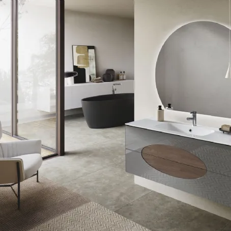 Mobile da Bagno sospeso Lia in melaminico Noce Americano con inserti in Specchio Fumè di Bluelife