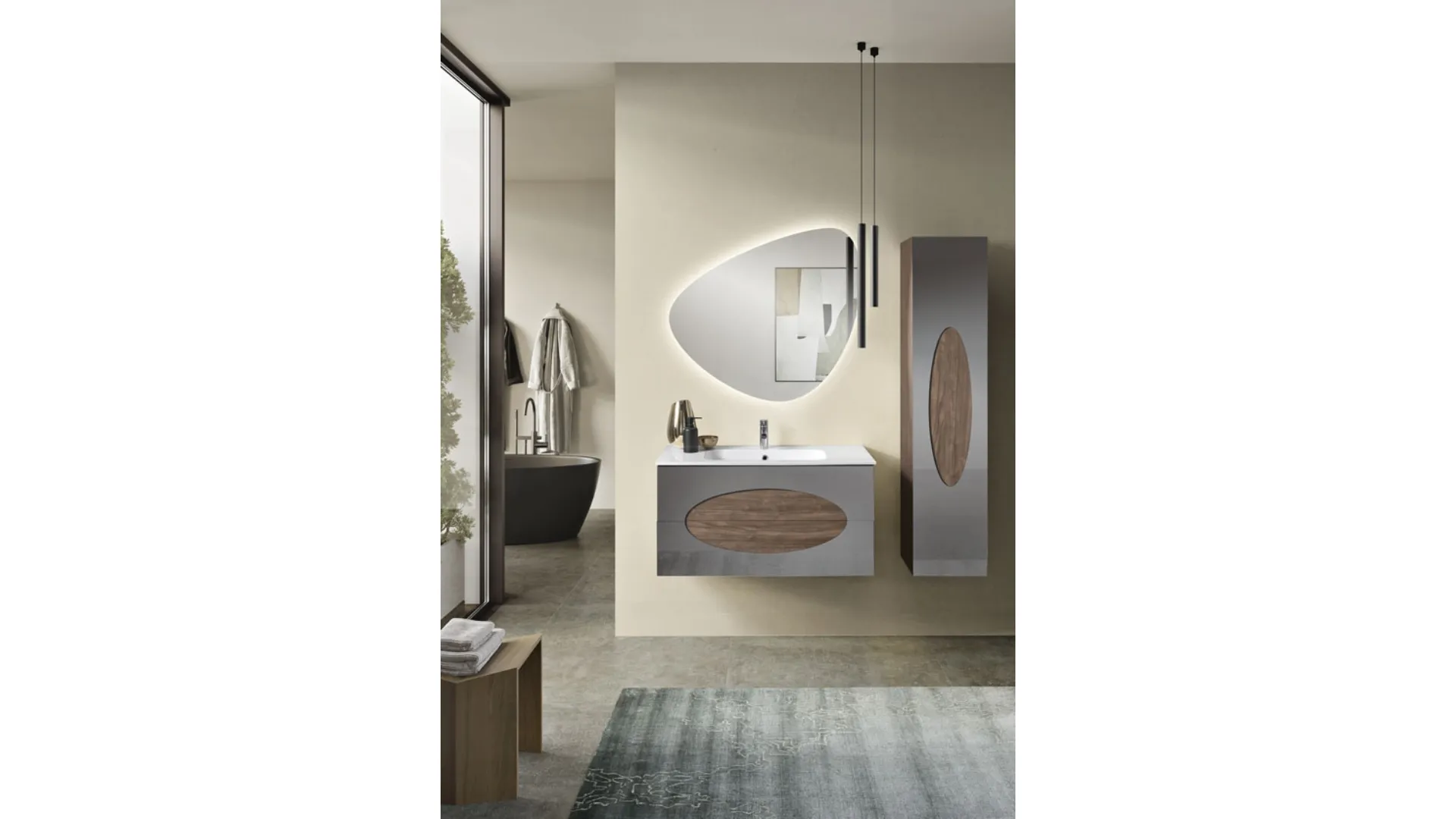 Mobile da Bagno sospeso Lia con colonna in melaminico Noce Americano con inserti in Specchio Fumè di Bluelife