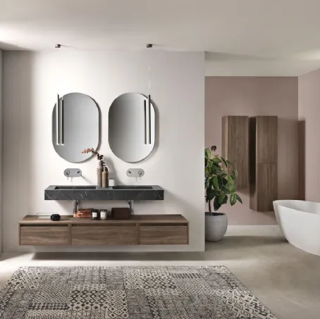 Mobile da Bagno sospeso Piave in nobilitato Noce Americano con top in HPL Marmo Nero Marquinia di Bluelife