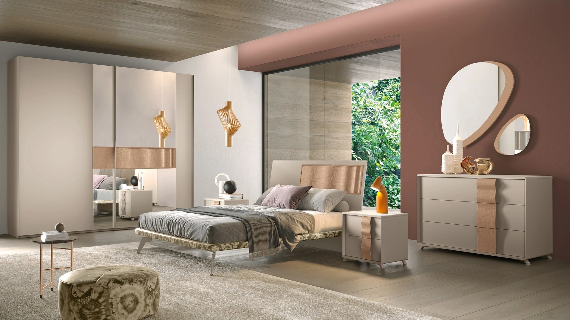 Letto con testiera in laccato con inserto in materico e giroletto in tessuto Composizione 13 di Corso 11