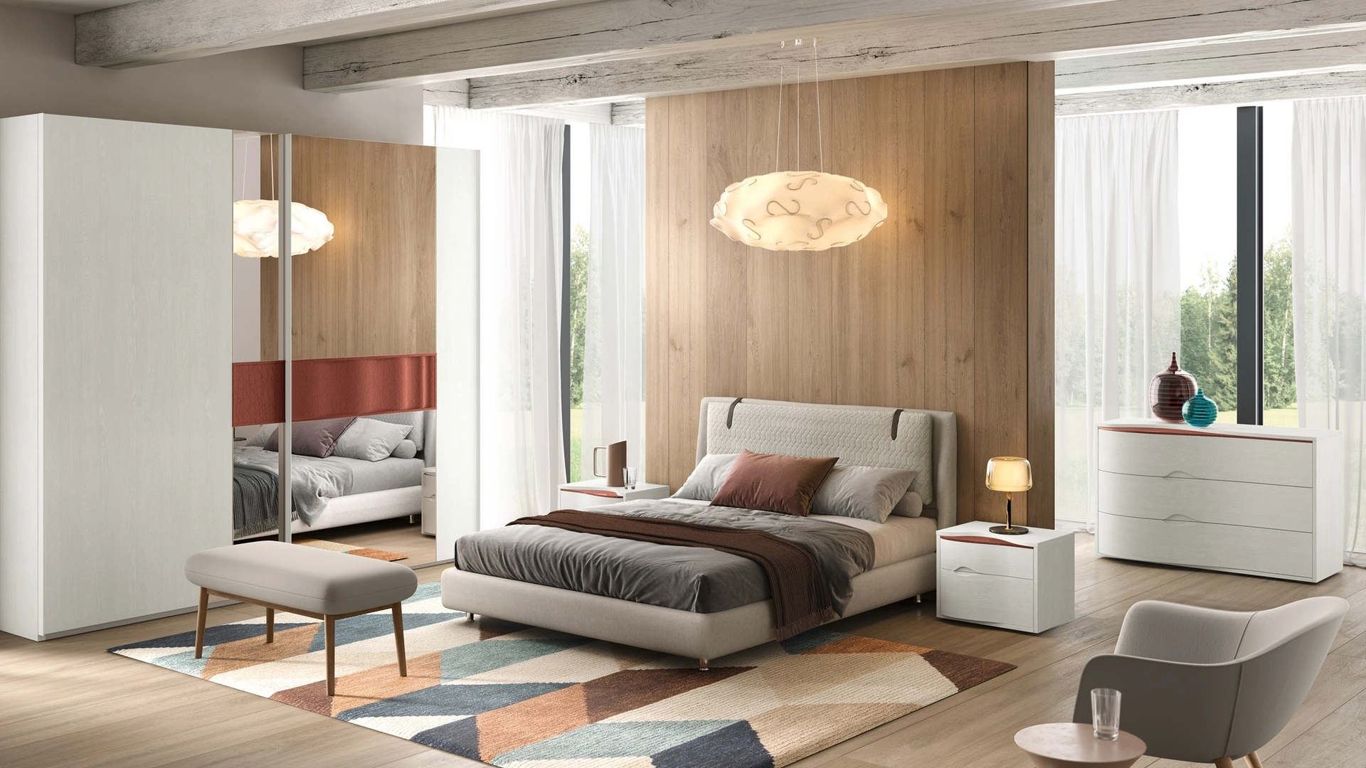 Letto matrimoniale in tessuto con testiera imbottita e trapuntata Composizione 28 di Corso 11