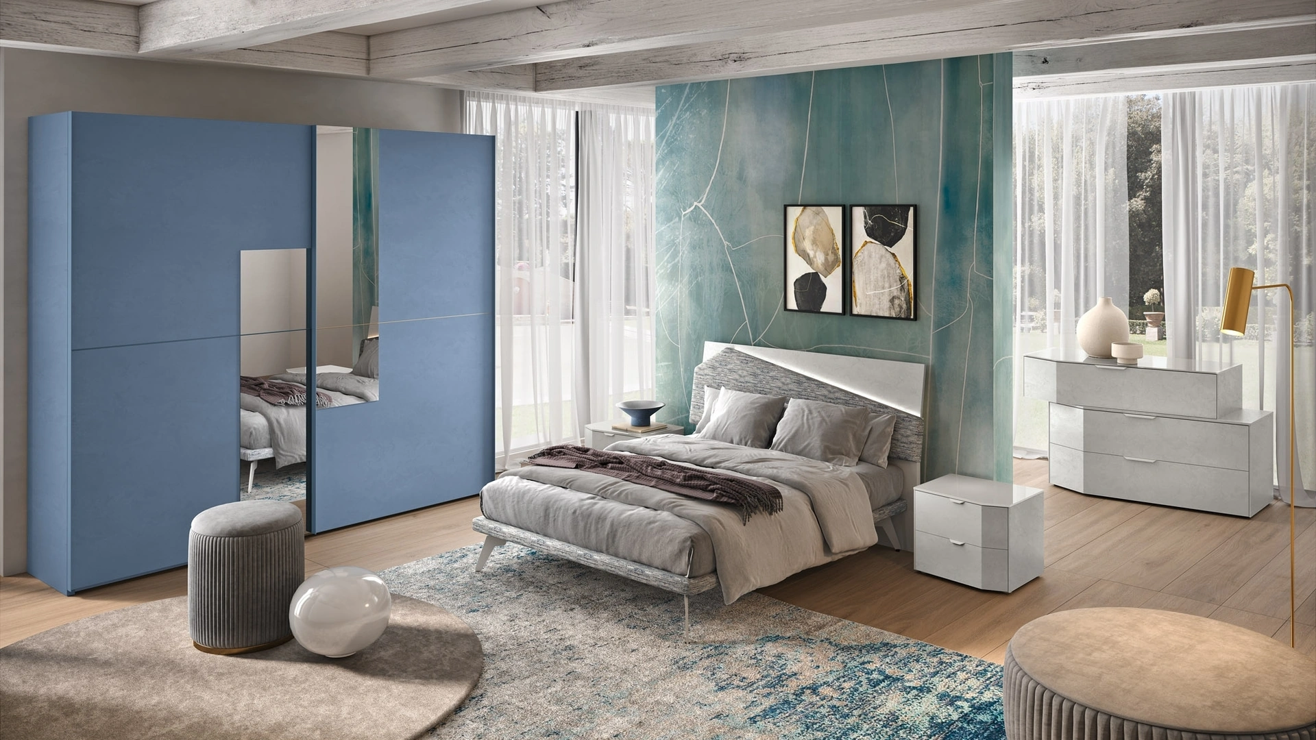 Letto in melaminico con testiera con pannello in tessuto imbottito Composizione 36 di Corso 11