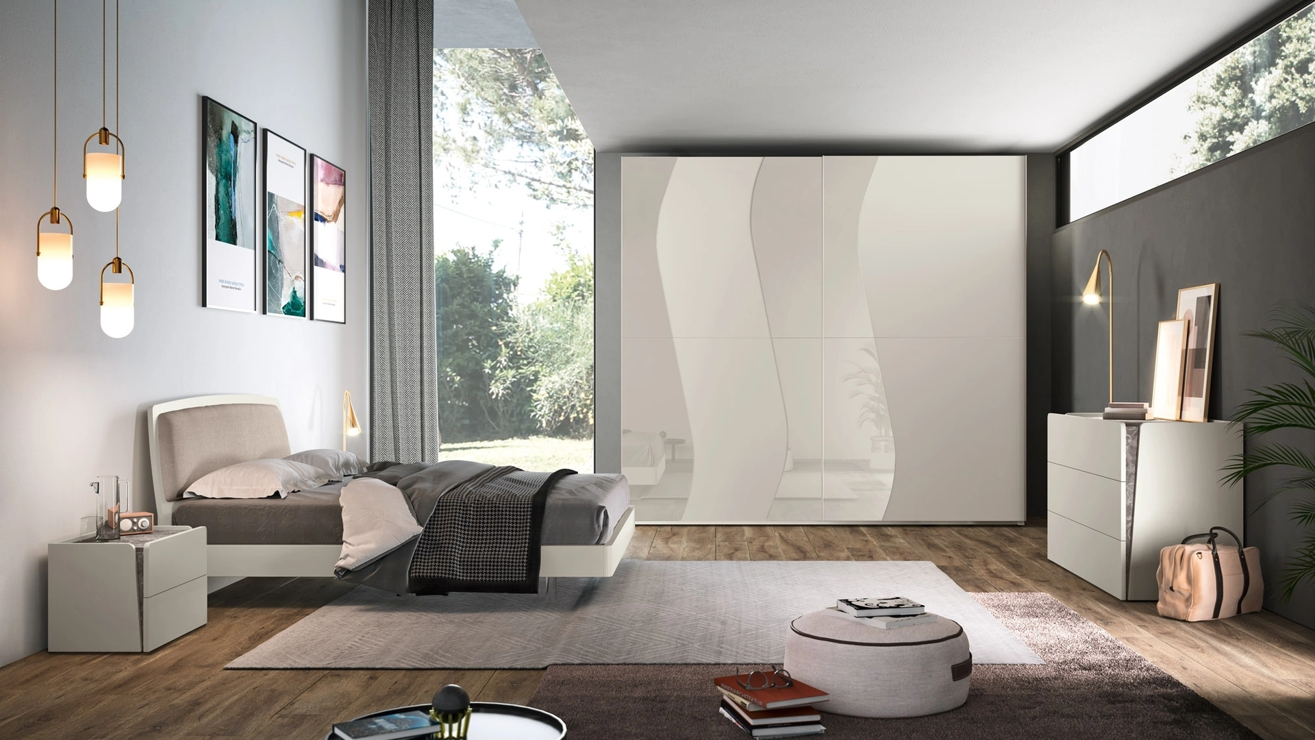 Letto laccato Bianco con testiera con inserto in tessuto imbottito Composizione 53 di Corso 11