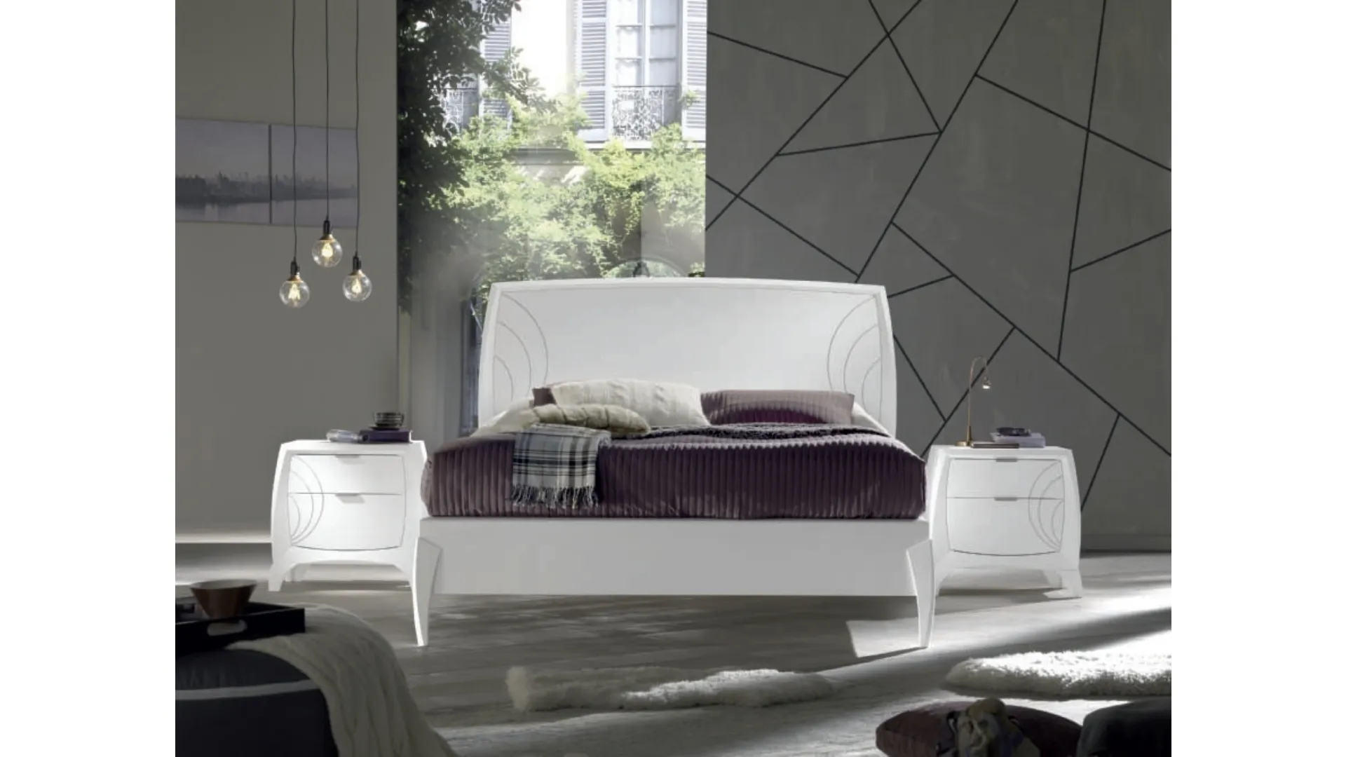 Letto in legno laccato Bianco con incisioni Moon Project IM8598 di Imba Srl