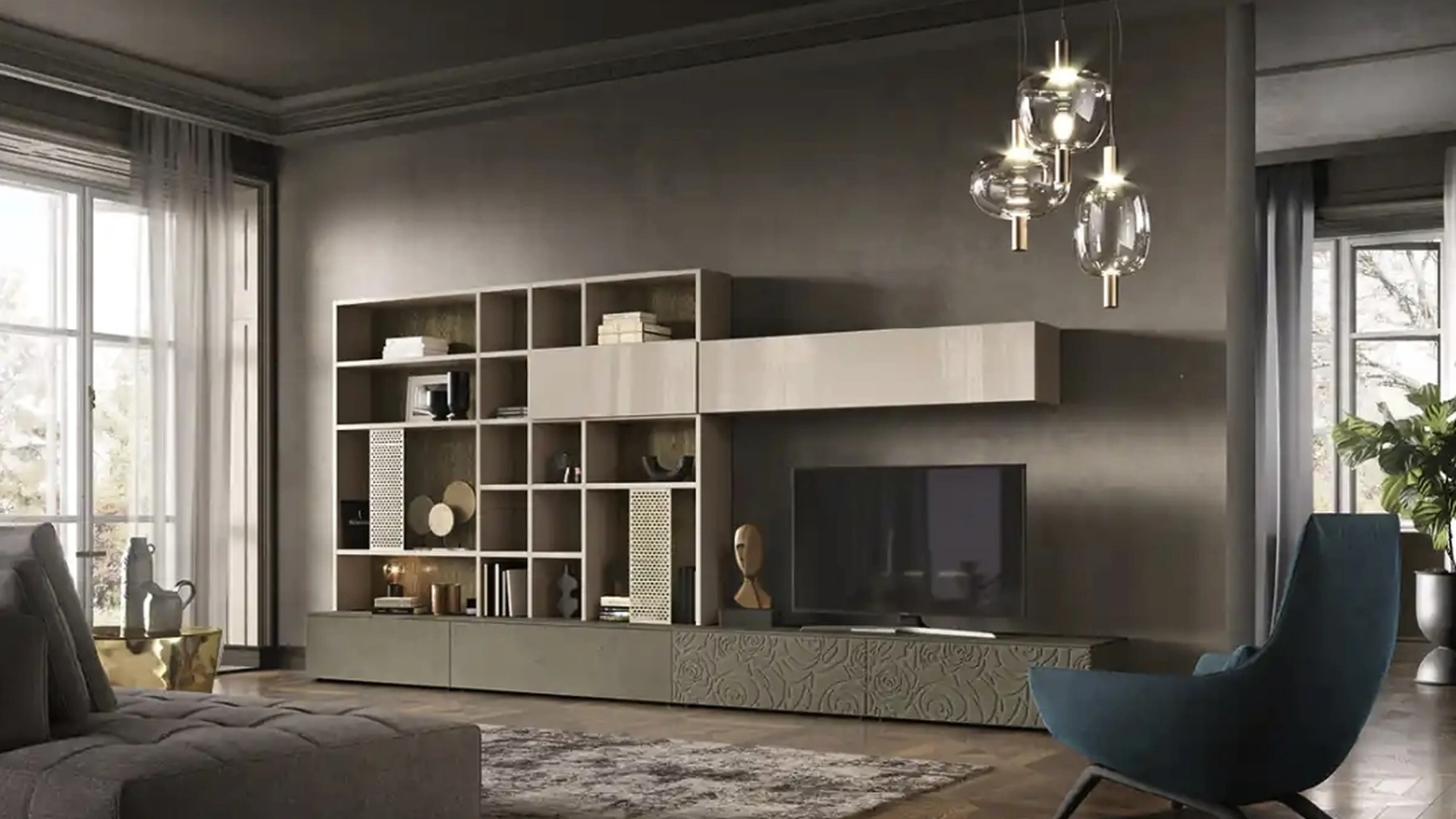 Libreria componibile Kosmos KL201 in legno, laccato e materico di Moretti Compact Giorno Notte