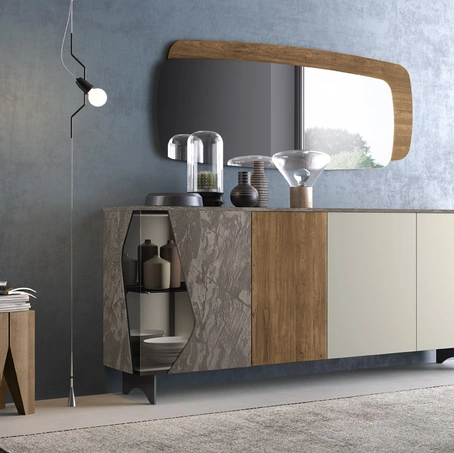 Madia 01-1 in laccato e materico con inserto in vetro di Corso 11