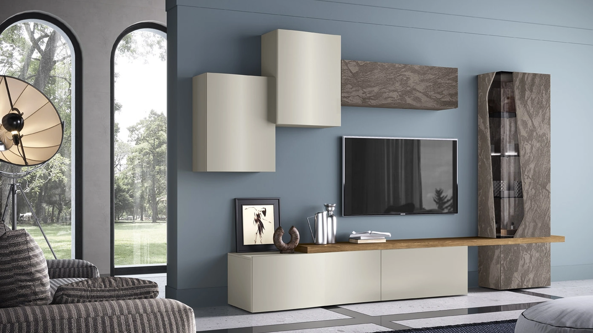 Parete Attrezzata Soggiorno 01C-1 in laccato opaco e materico di Corso 11