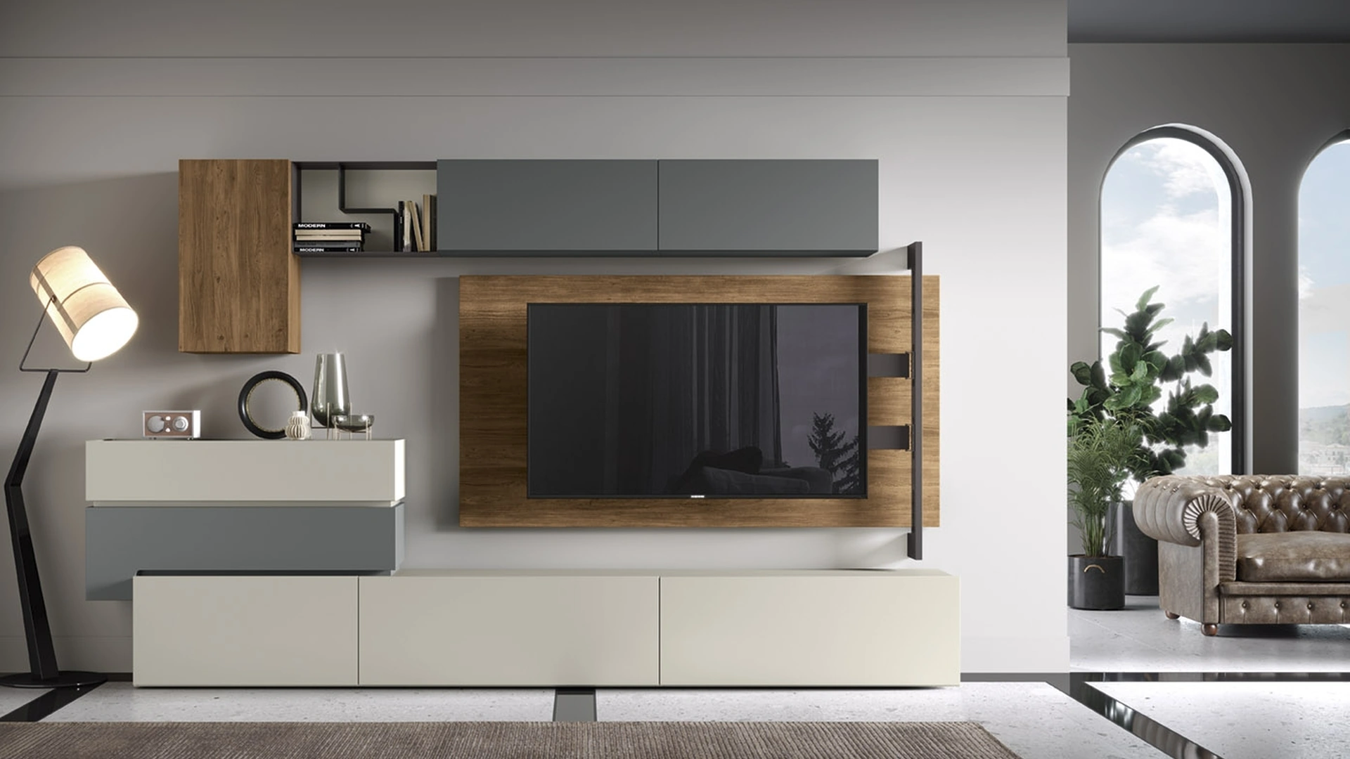 Parete Attrezzata Soggiorno 03-2 in laccato opaco e melaminico effetto legno di Corso 11