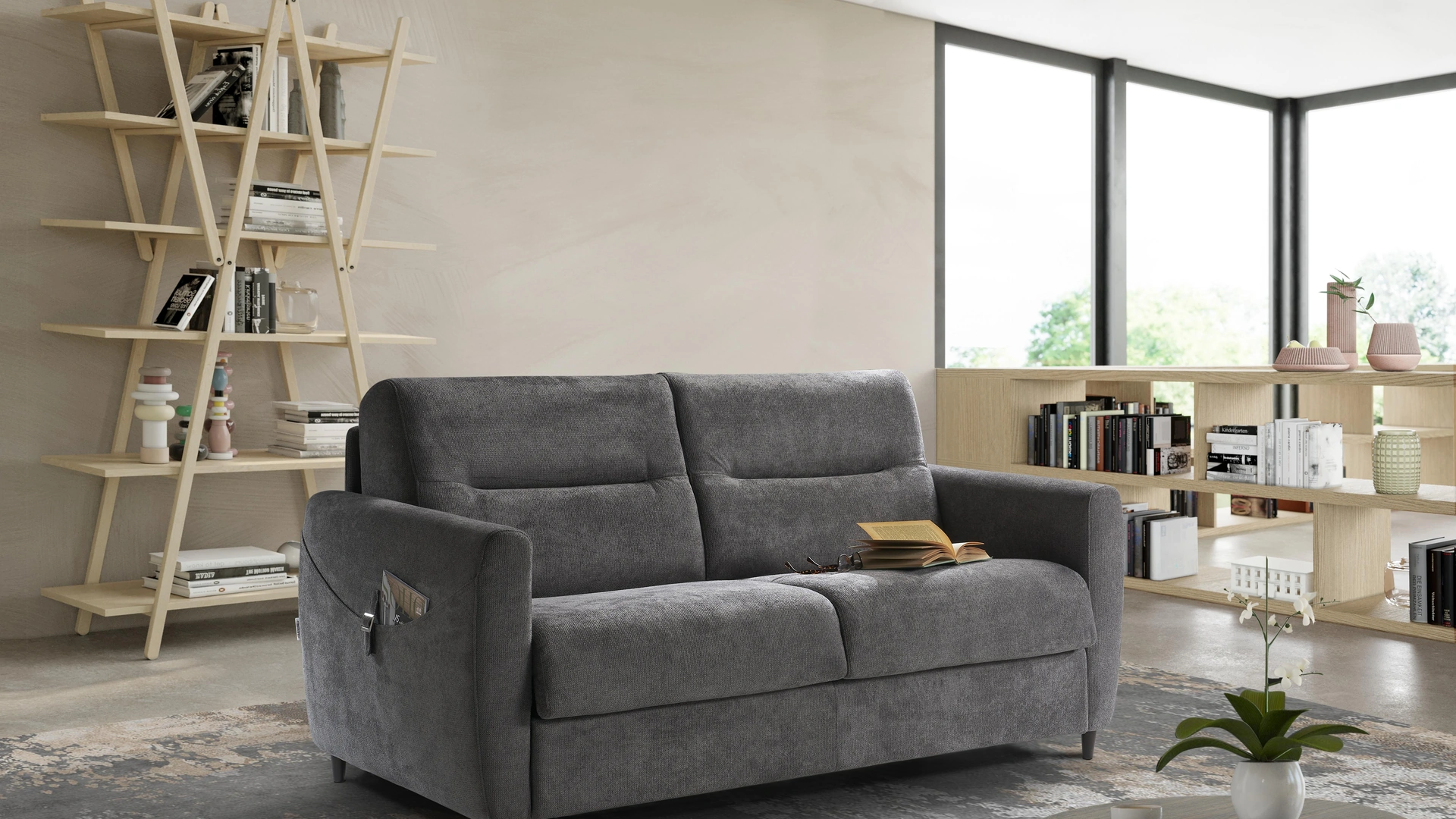 Divano Letto lineare in tessuto con tasche laterali Roger de Il Benessere