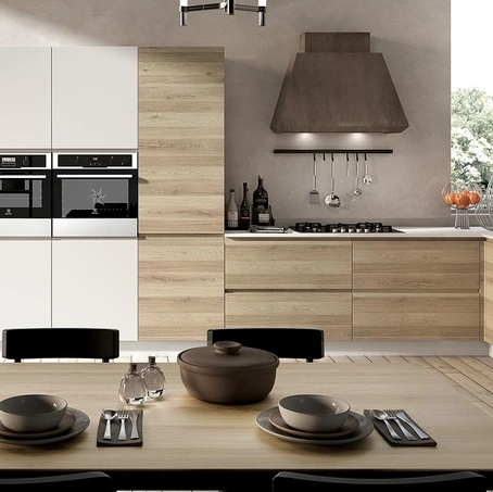 Cucina Moderna angolare Aria Rovere Sabbia e laccato Latte opaco di Evo Cucine