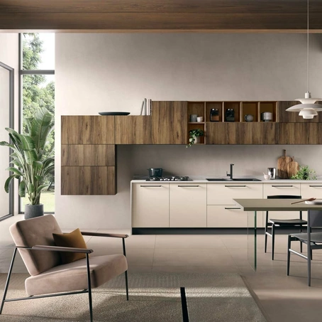 Cucina Moderna Bali in Rovere Tabacco e laccato Sahara di Evo Cucine