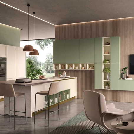 Cucina Moderna con penisola Bali Sahara e Verde di Evo Cucine