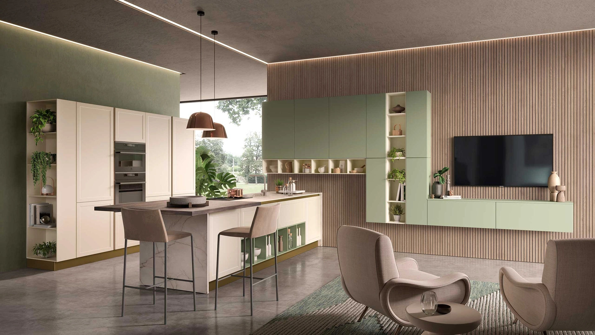 Cucina Moderna con penisola Bali Sahara e Verde di Evo Cucine