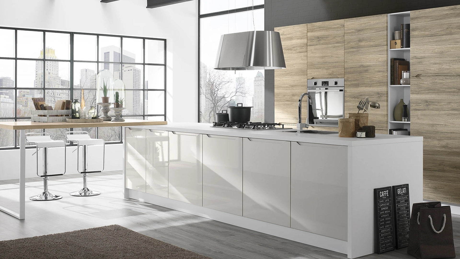 Cucina Moderna con isola Carima finitura Rovere Moka e Ghiaccio lucido di Evo Cucine