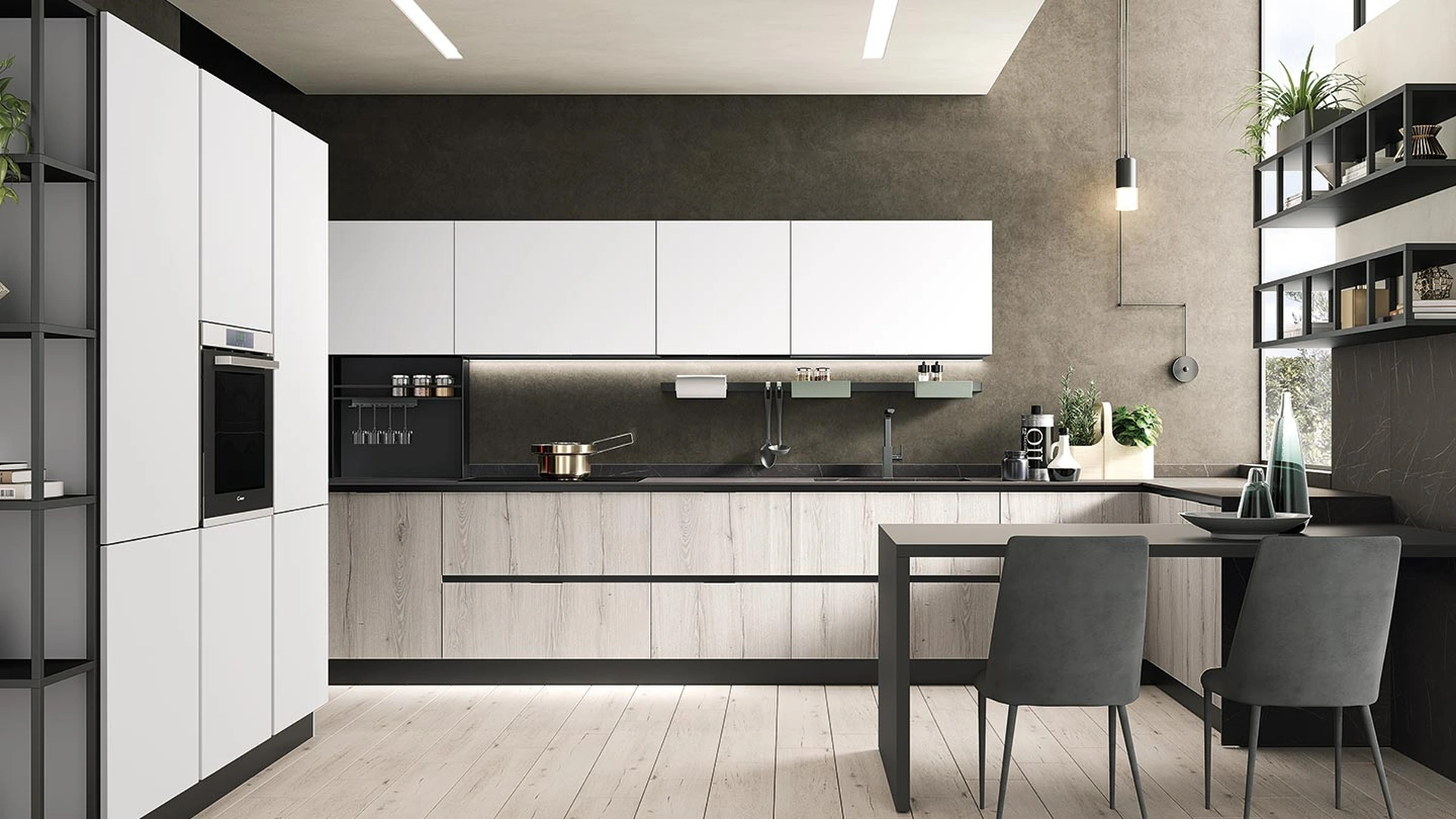 Cucina Moderna con penisola Diva in laminato Rovere Grigio e Pet Bianco opaco di Evo Cucine