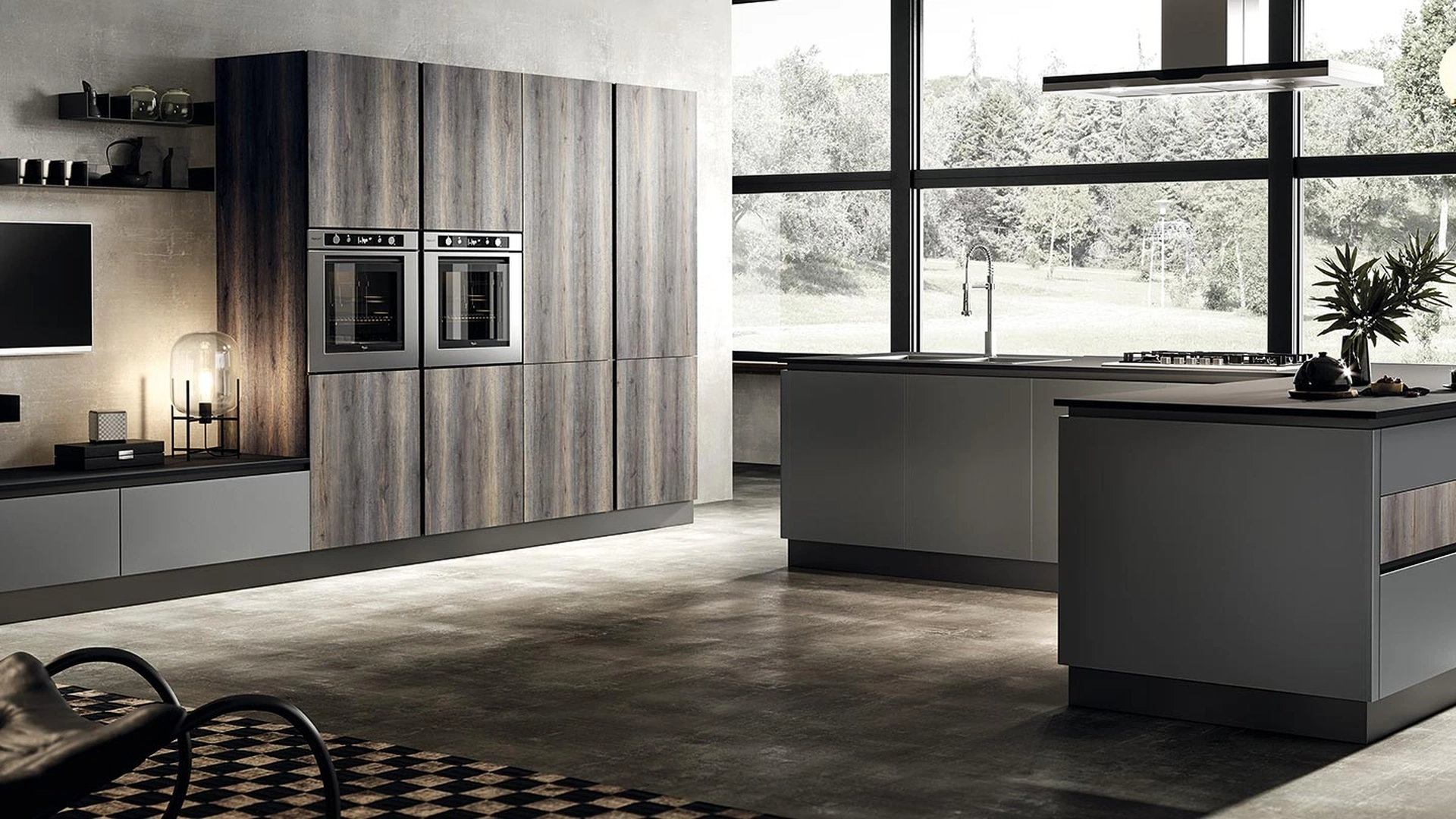 Cucina Moderna con isola Eos in HPL Alevè Artico e Glass Piombo opaco di Evo Cucine