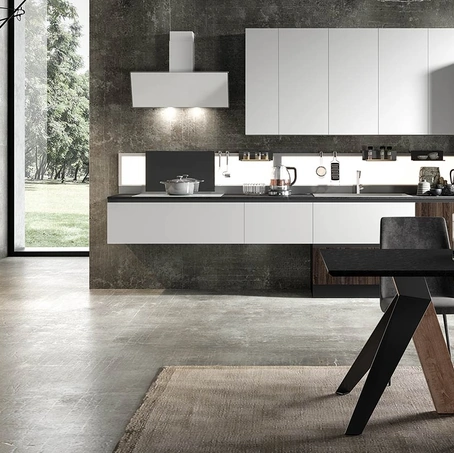 Cucina Moderna lineare Eos in Glass Bianco opaco e HPL Alevè Noce di Evo Cucine