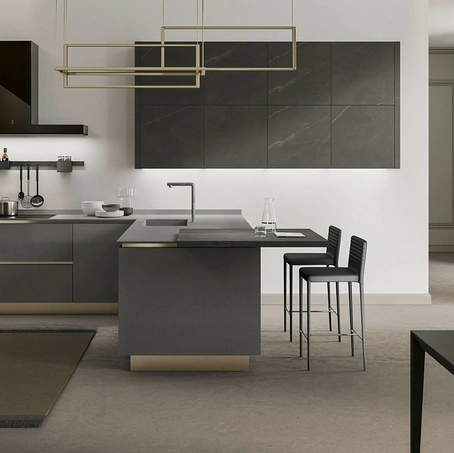 Cucina Moderna con penisola Eos in Gres Grey e Gres Calcite Nera di Evo Cucine