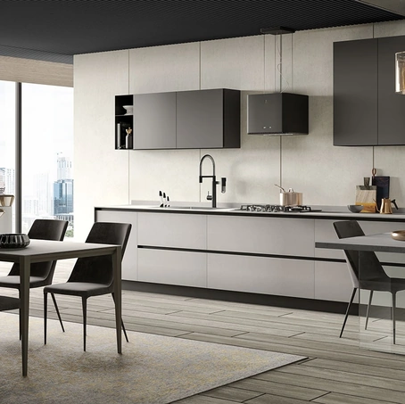 Cucina Moderna con penisola Eos Gres Light Grey e Glass Piombo opaco di Evo Cucine