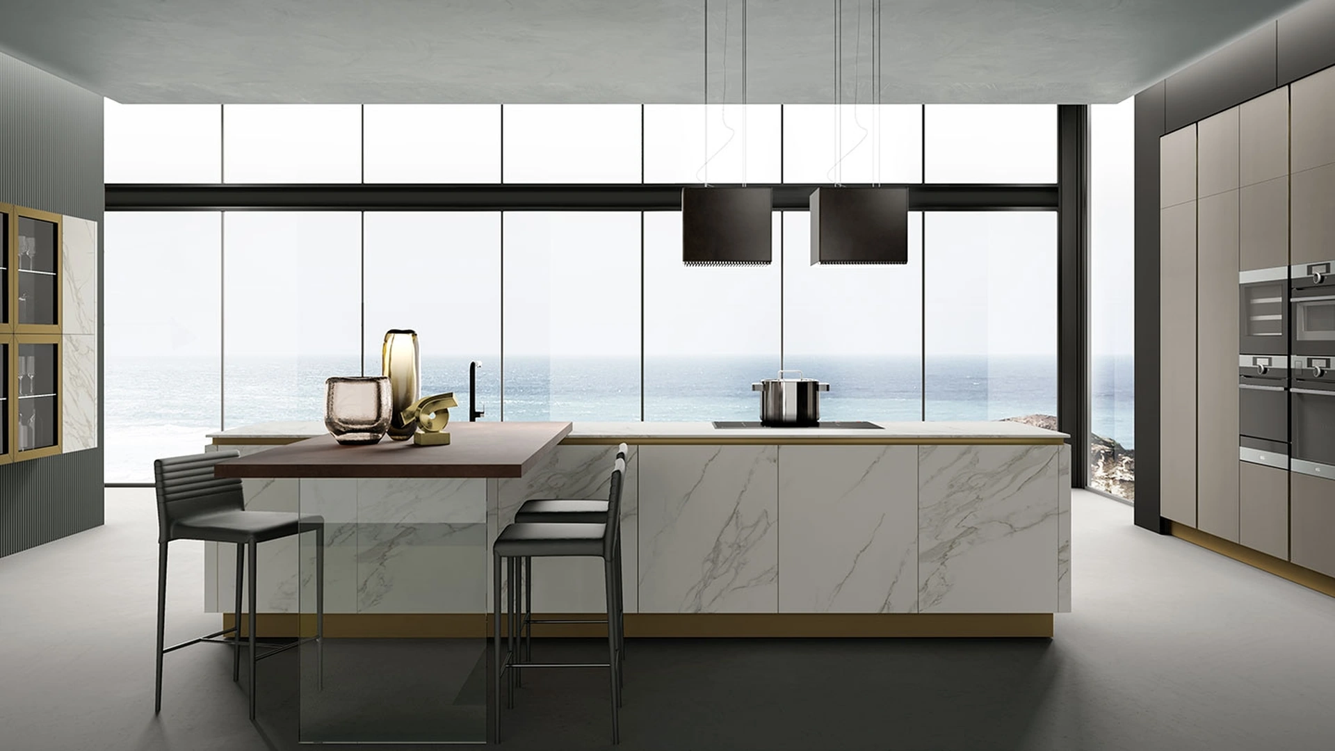 Cucina Moderna con isola Eos in Gres Terra e Gres White Marble di Evo Cucine