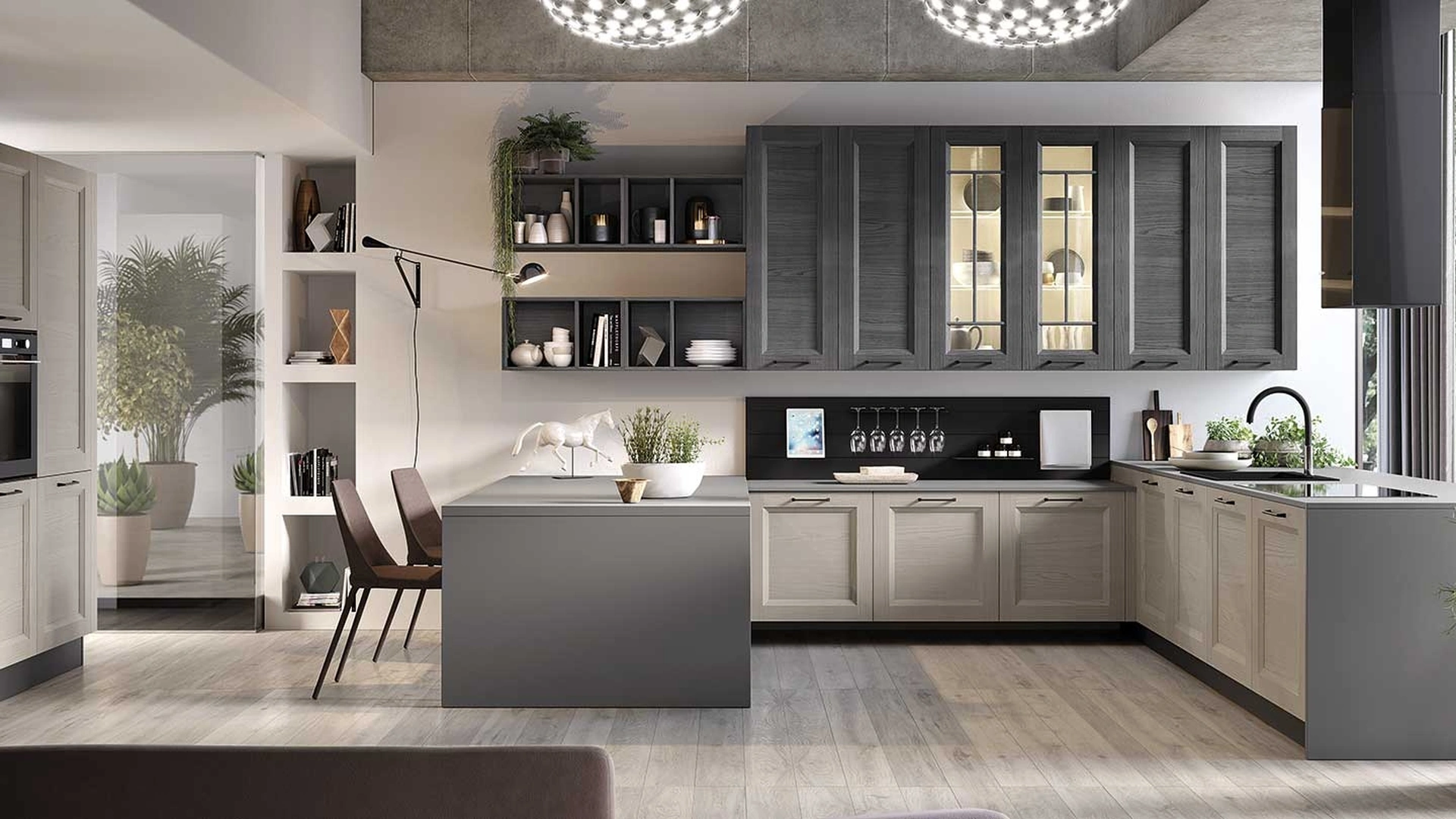 Cucina Moderna con penisola Gea in Frassino finitura Canapa e Ardesia di Evo Cucine