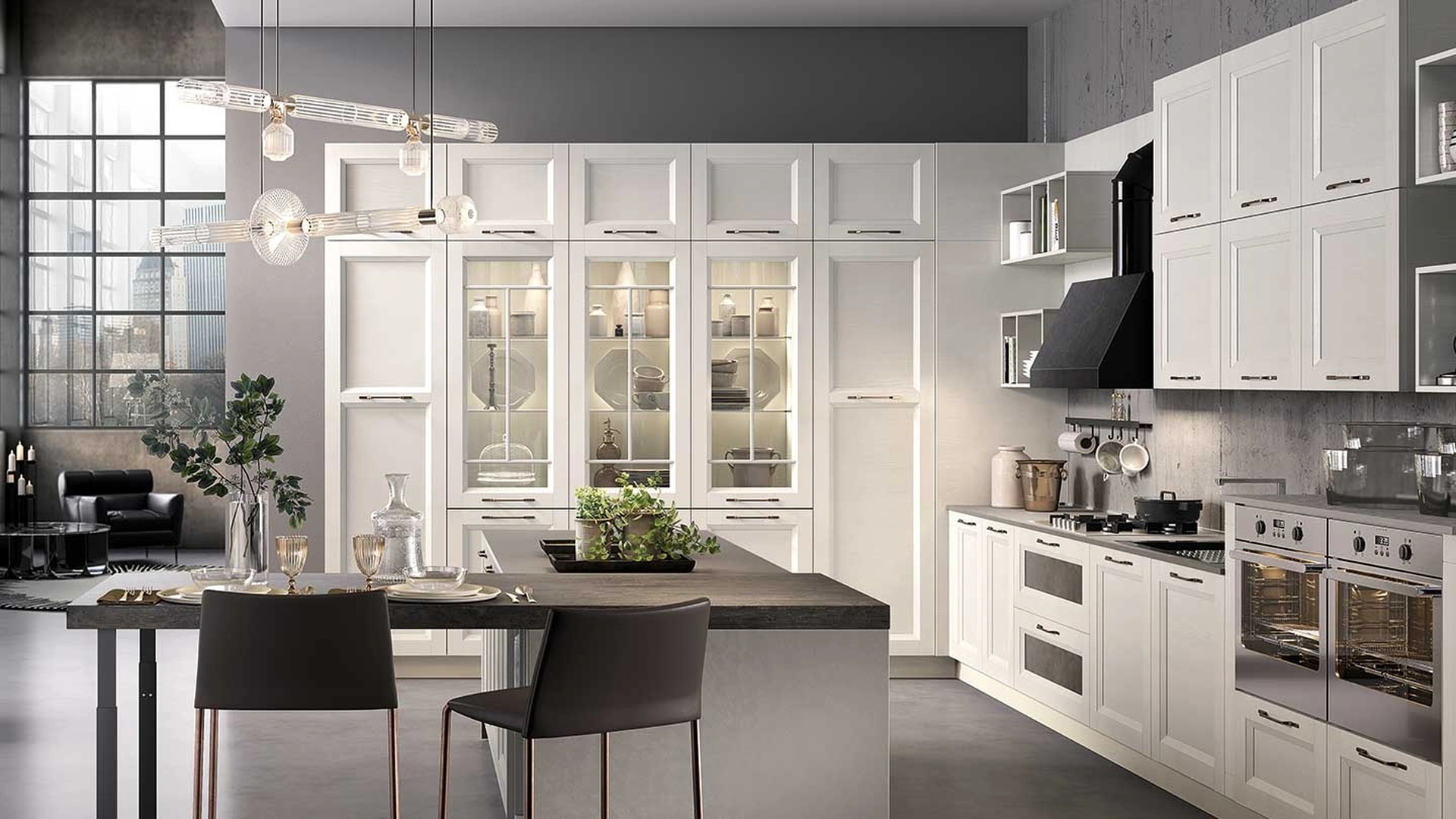 Cucina Moderna con isola Gea in Frassino finitura Bianco di Evo Cucine