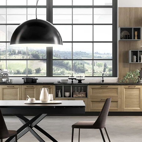 Cucina Moderna ad angolo Gea in Frassino finitura Rovere naturale e Grigio Fumo di Evo Cucine