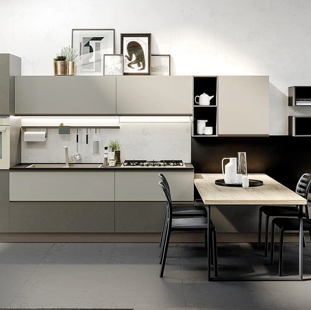 Cucina Moderna con penisola Maia in melaminico finitura Cemento Fango e Corda opaco di Evo Cucine