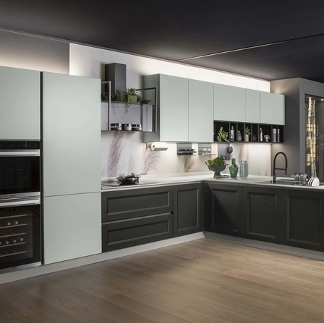 Cucina Moderna Micra in laccato Corda opaco e Gea in laccato Carbone di Evo Cucine