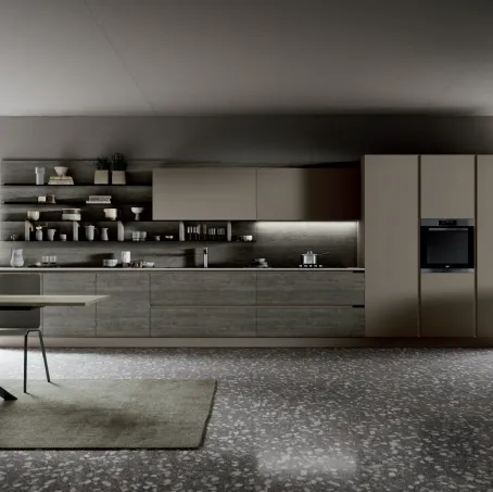 Cucina Moderna lineare Piana Tropea DM0753 in melaminico Rovere grigio, laccato Tortora opaco e top in laminato Graniglia chiara di Imab