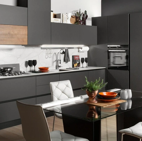 Cucina Moderna angolare Rio finitura Fumo opaco e Rovere naturale di Evo Cucine