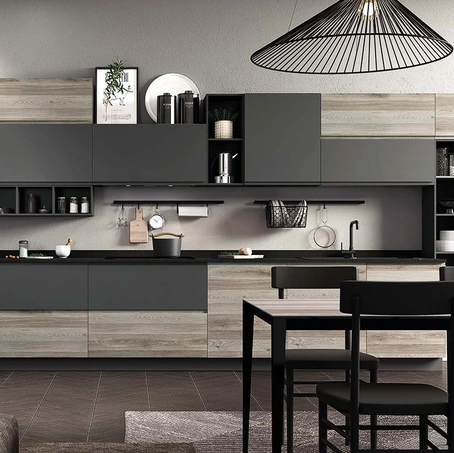 Cucina Moderna ad angolo finitura Aria Rovere Corda e laccato Antracite opaco di Evo Cucine