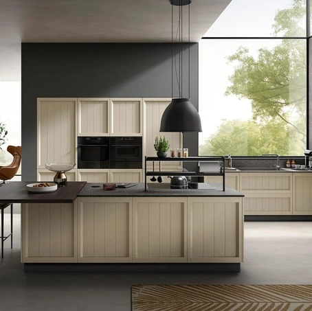 Cucina Moderna con isola Saona in frassino finitura Avena di Evo Cucine