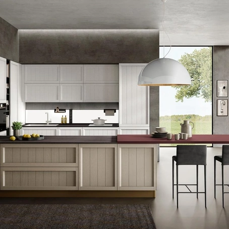 Cucina Moderna con penisola Saona in frassino finitura Canapa e Bianco di Evo Cucine