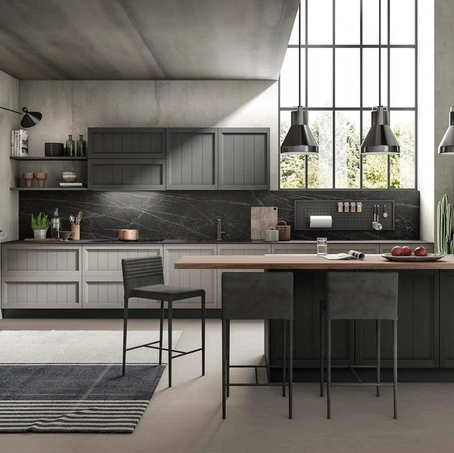 Cucina Moderna con penisola Saona in frassino finitura Grigio e Ardesia di Evo Cucine