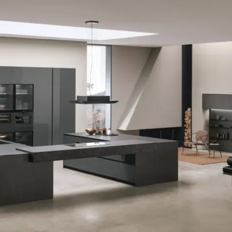 Cucina Moderna con doppia isola Aliant v01 in vetro lucido Lava e Neolith Basalt Black Satin con top in HPL Ossido di Stosa